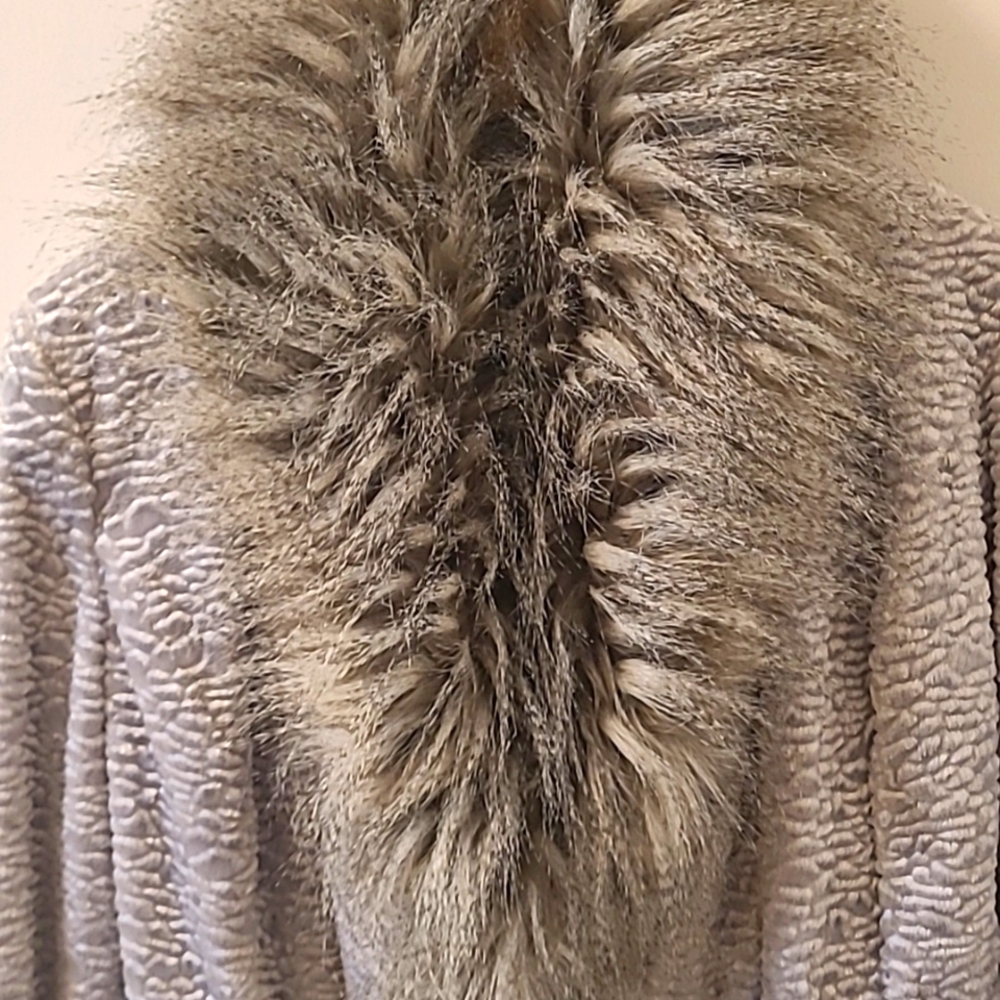 Speciale Silver gray velvet coat with faux fur collar, size UK 10, US 6